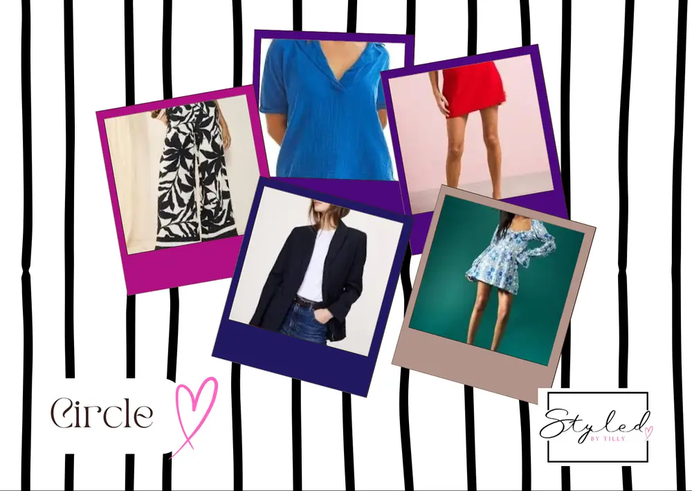 Mood board of circle outfits selected by Tilly: tops, coats, skirts and trousers that suit this shape.
