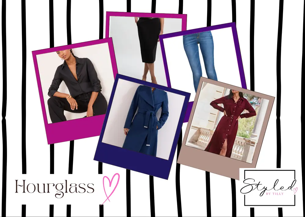 Mood board of hourglass outfits selected by Tilly: tops, coats, skirts and trousers that suit this shape.