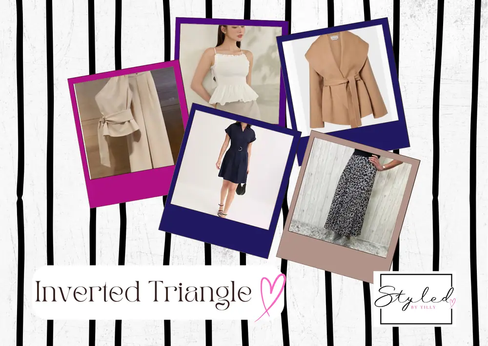 Mood board of inverted triangle outfits selected by Tilly: tops, coats, skirts and trousers that suit this shape.