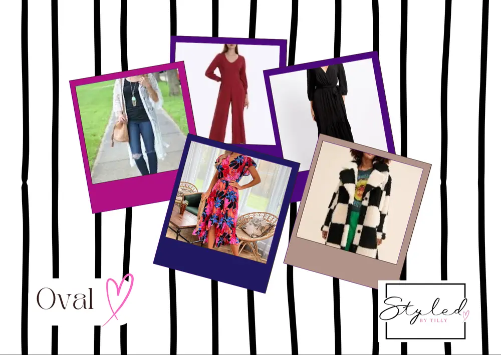 Mood board of oval outfits selected by Tilly: tops, coats, skirts and trousers that suit this shape.