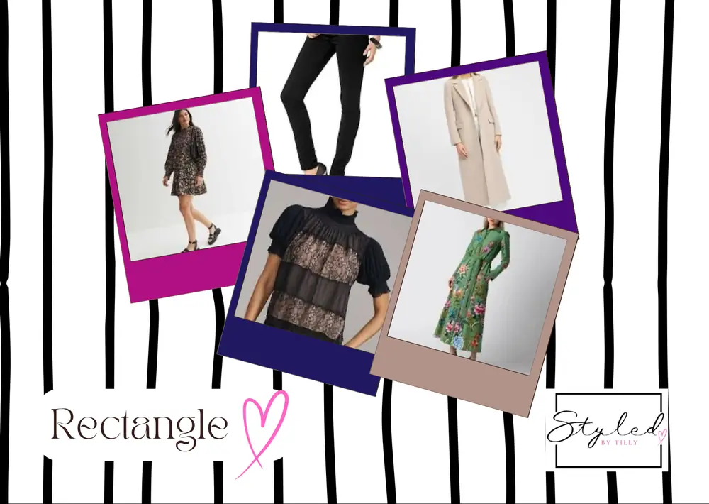 Mood board of rectangle outfits selected by Tilly: tops, coats, skirts and trousers that suit this shape.