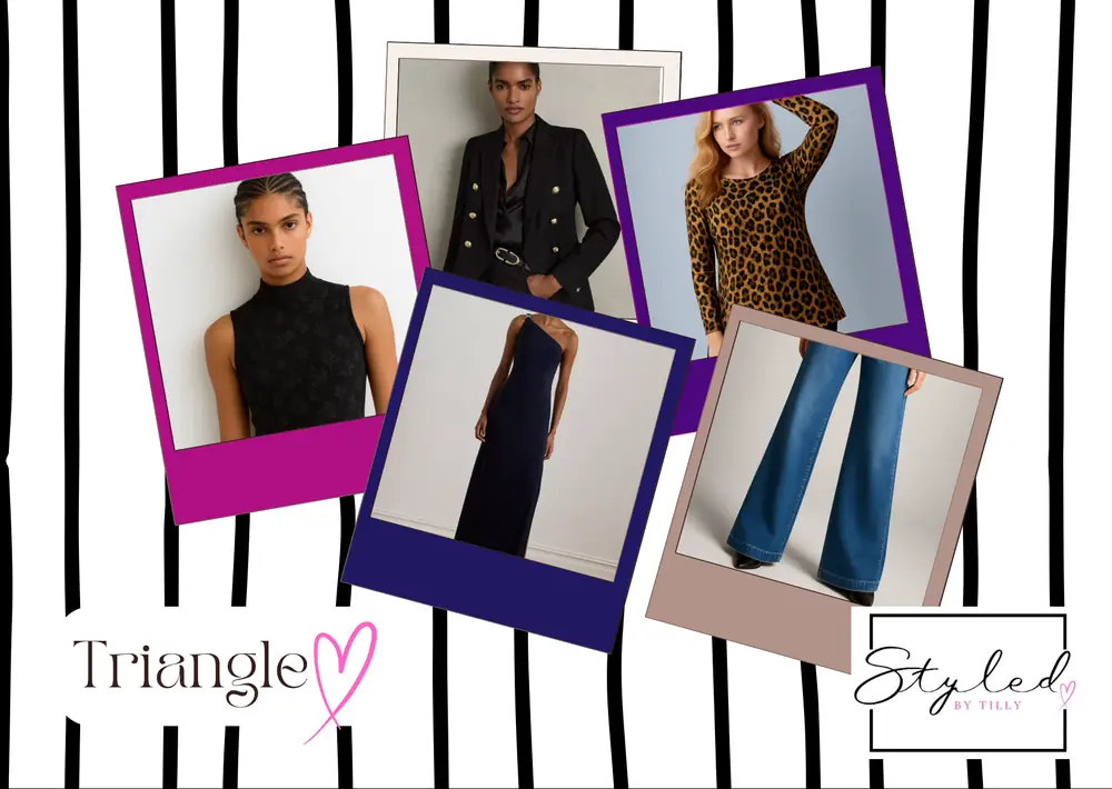 Mood board of triangle outfits selected by Tilly: tops, coats, skirts and trousers that suit this shape.