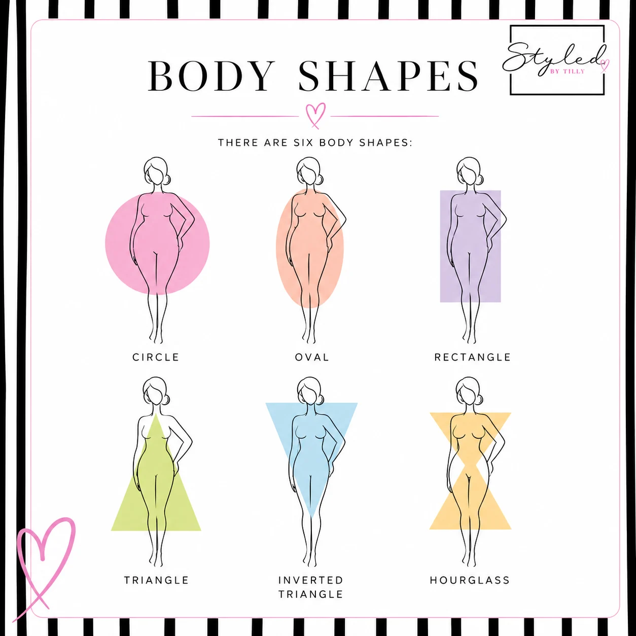 Styled by Tilly chart of the six body shapes: Circle, Oval, Rectangle, Triangle, Inverted Triangle and Hourglass, each drawn as a figure over its shape.